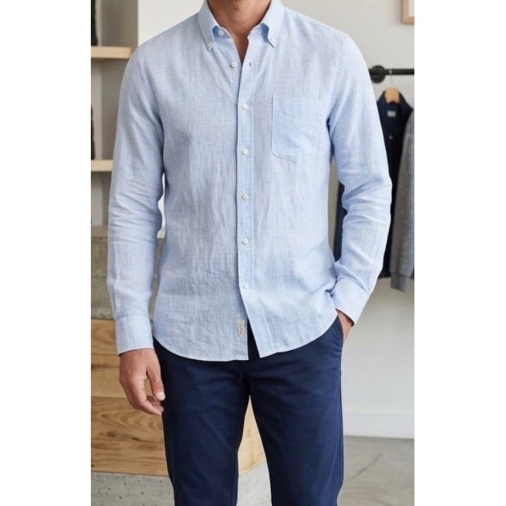Peter Millar Crown Shirt Mens Large Light Blue Micro Check 100% Linen LS Button